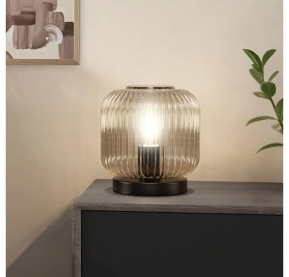 HOME DELUXE Tischleuchte LILY Glas Rauchgrau Schwarz