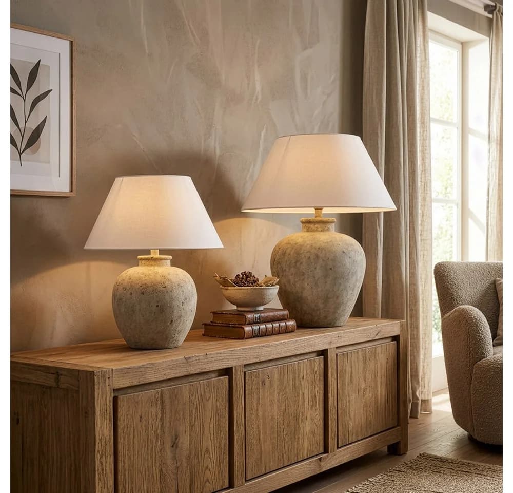 HOME DELUXE Tischleuchte LENE Steinoptik Beige Weiß Stoffschirm - Bild 3