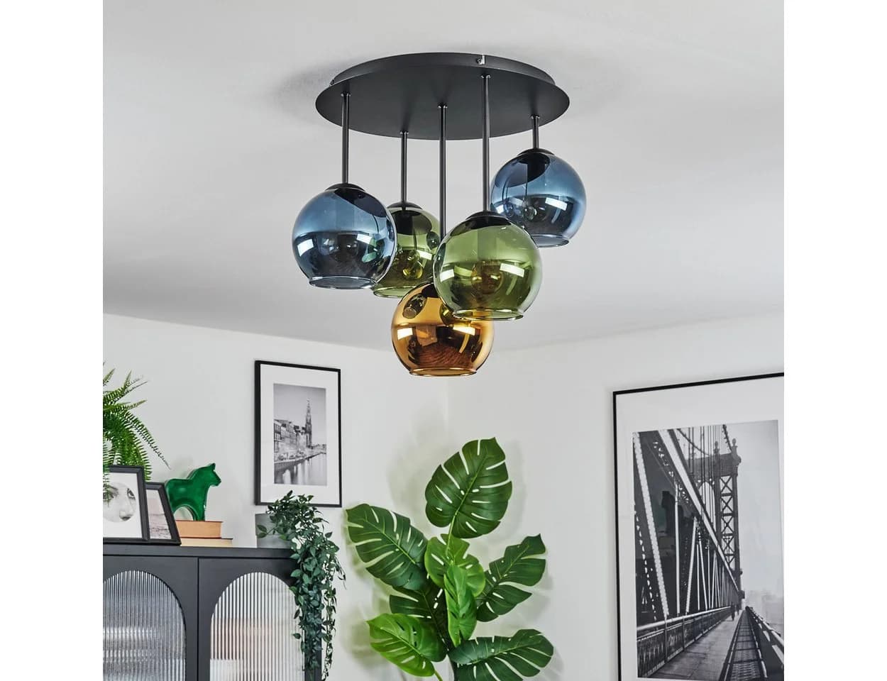 hofstein Retro Deckenleuchte Metall/Glas Schwarz/Blau/Grün/Gold 5x E14