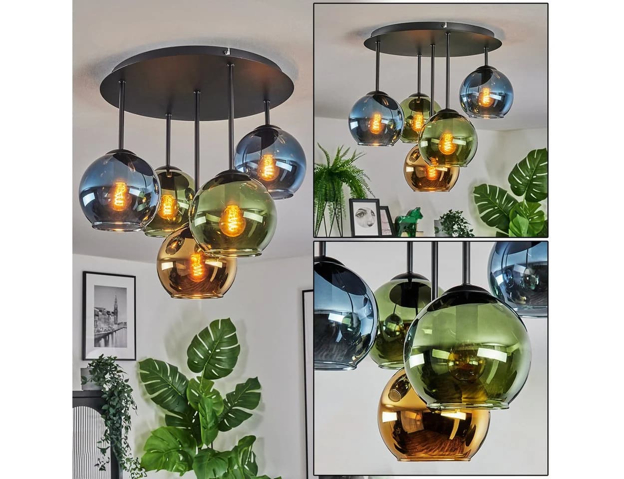 hofstein Retro Deckenleuchte Metall/Glas Schwarz/Blau/Grün/Gold 5x E14 - Bild 2