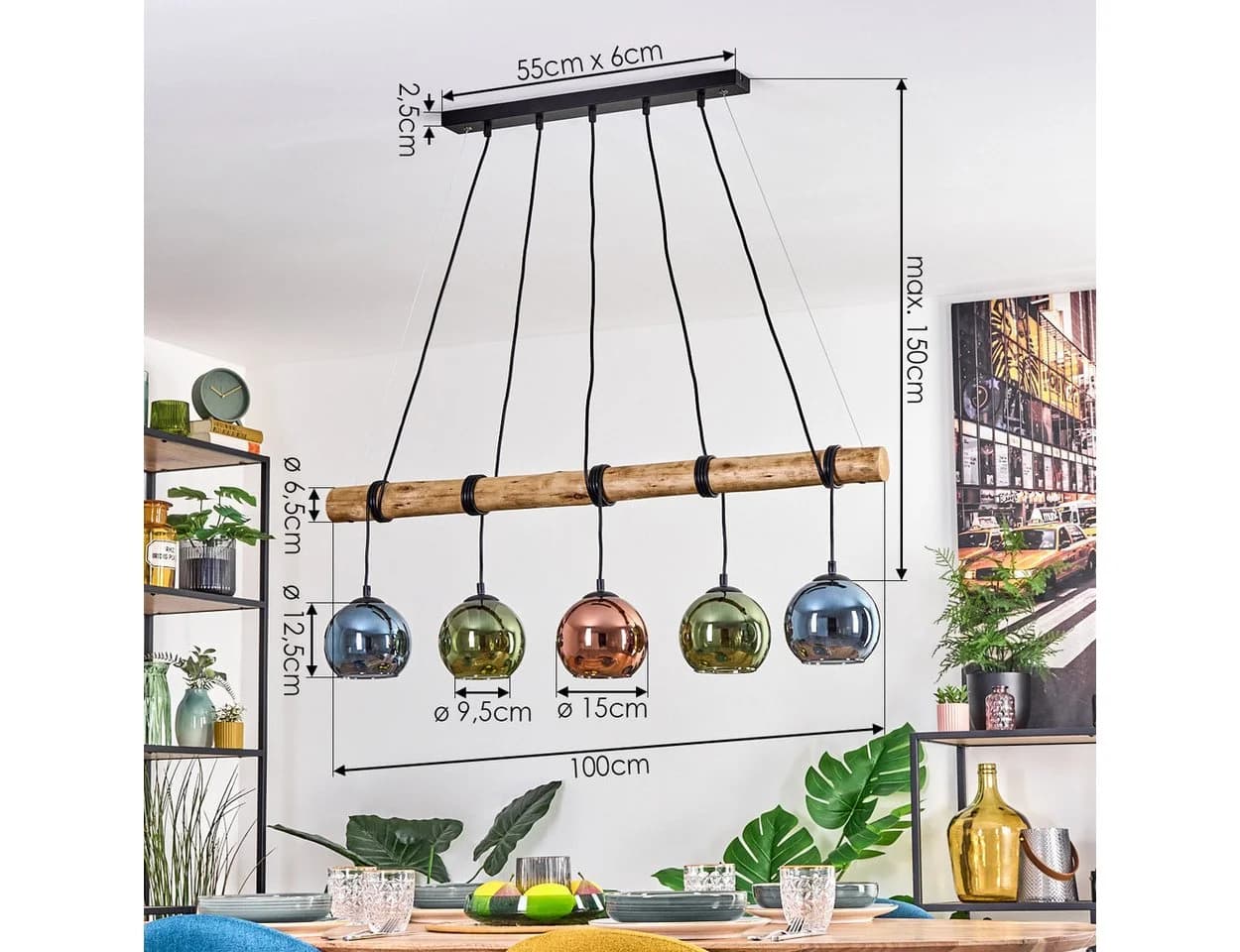 hofstein Pendelleuchte Retro/Boho Holz Metall Glas E27 - Bild 4