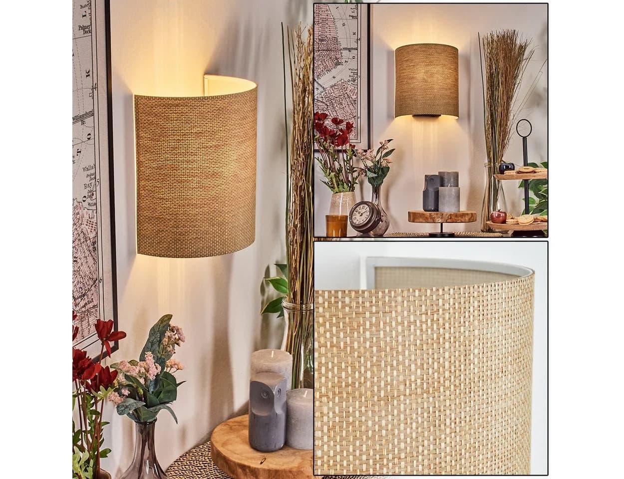 hofstein Wandleuchte Boho-Design Metall/Bast Schwarz/Natur E27 - Bild 2