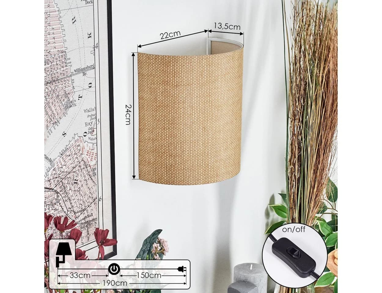 hofstein Wandleuchte Boho-Design Metall/Bast Schwarz/Natur E27 - Bild 4