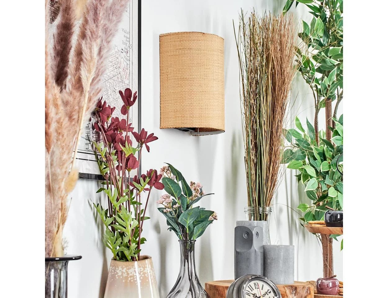 hofstein Wandleuchte Boho-Design Metall/Papiergeflecht Schwarz/Natur E27