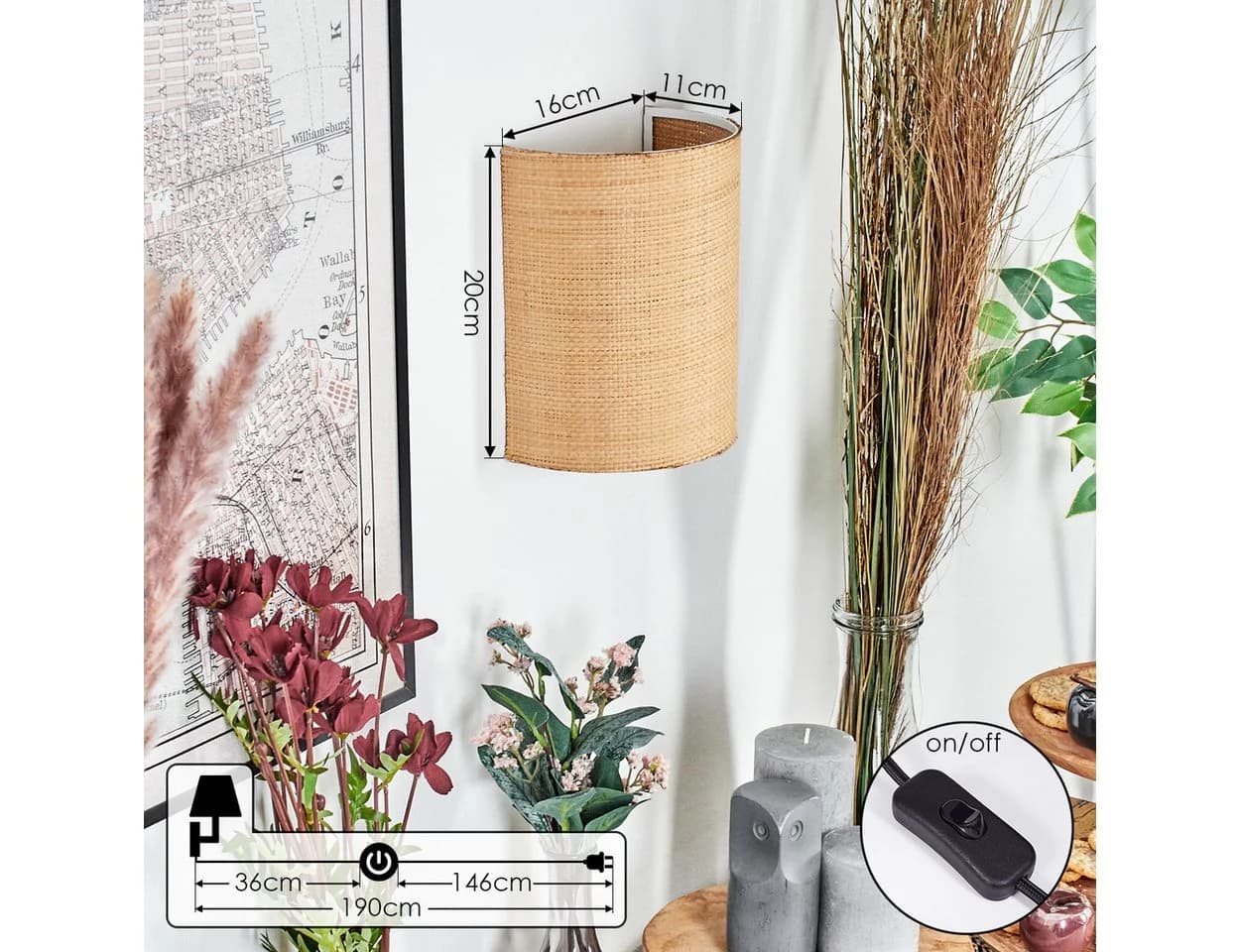 hofstein Wandleuchte Boho-Design Metall/Papiergeflecht Schwarz/Natur E27 - Bild 4