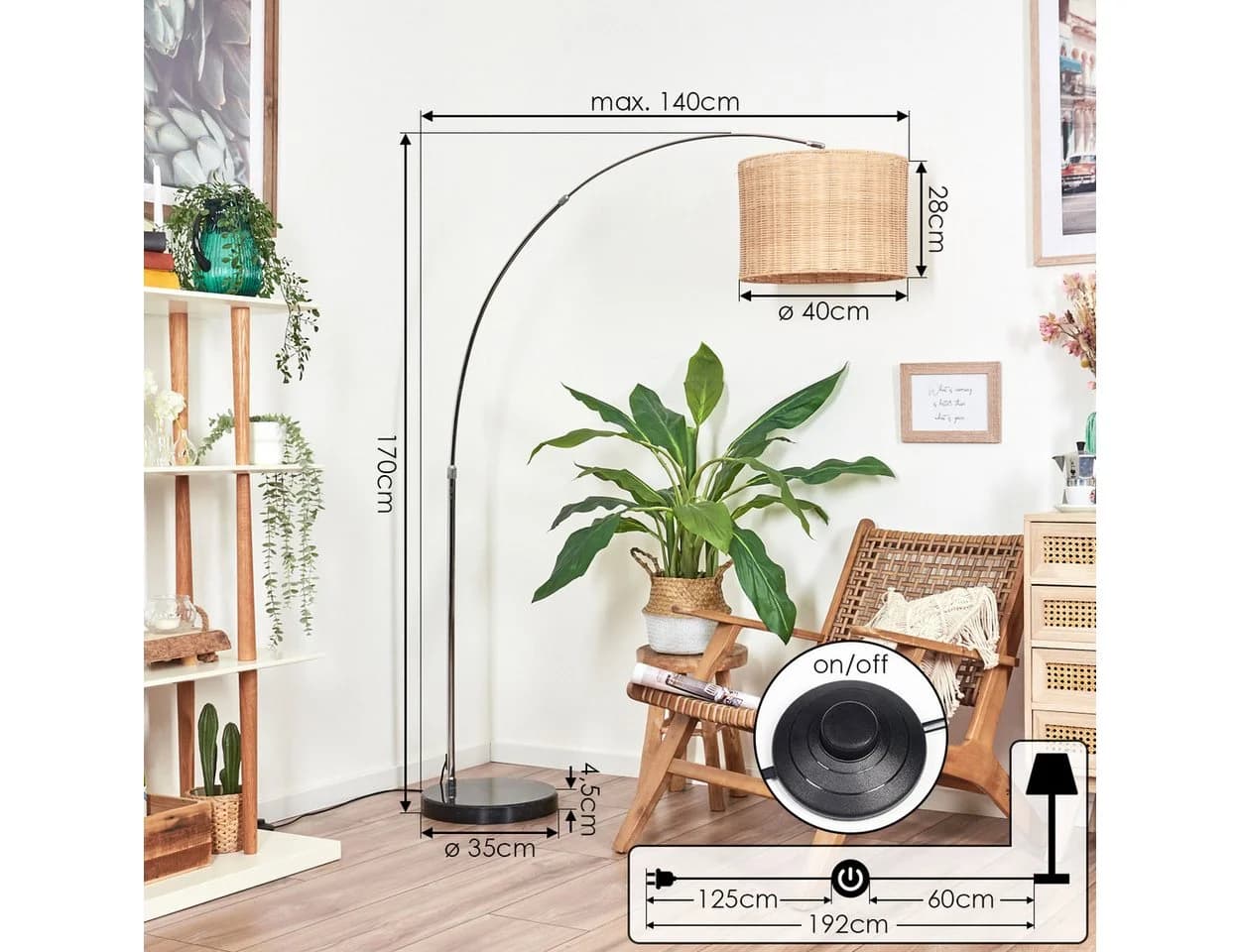 hofstein Bogenlampe Stehlampe Metall Rattan Schwarz Chrom Natur - Bild 4