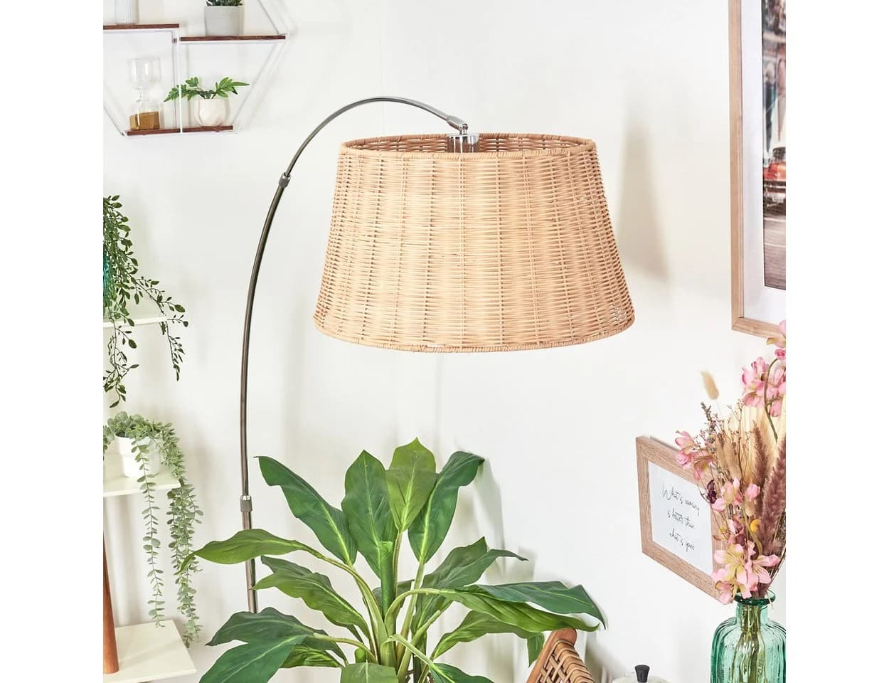 hofstein Bogenlampe Stehlampe Metall/Rattan Schwarz/Chrom/Natur