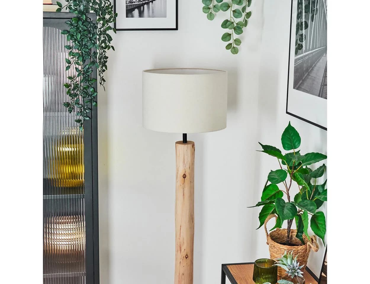 hofstein Stehlampe Skandinavisch Boho Holz Metall Stoffschirm E27