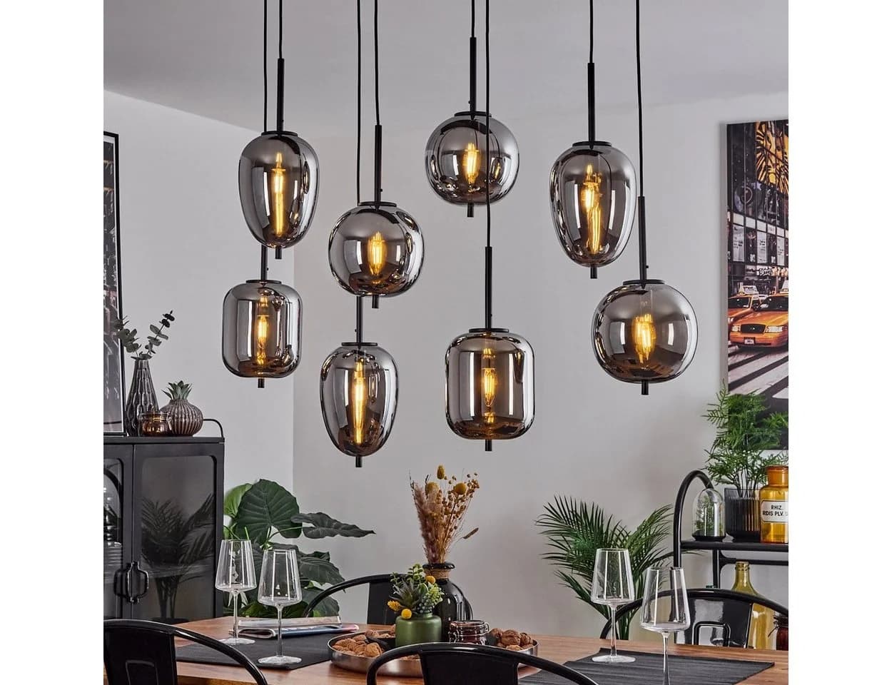 hofstein Hängeleuchte Ambrogio 8-flammig Schwarz/Grau Metall/Glas