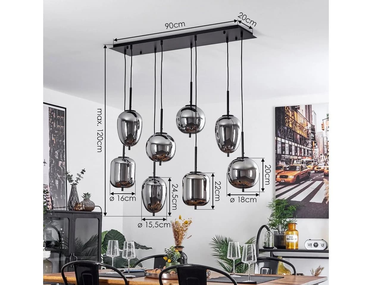 hofstein Hängeleuchte Ambrogio 8-flammig Schwarz/Grau Metall/Glas - Bild 5