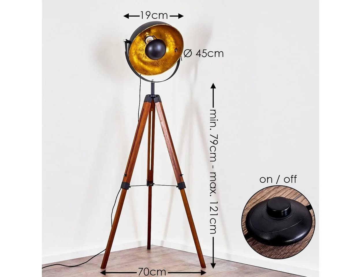 hofstein Stehlampe »Ghedi« Vintage Stehleuchte Schwarz/Gold Metall Holz Weiß Ø45cm E27 verstellbar