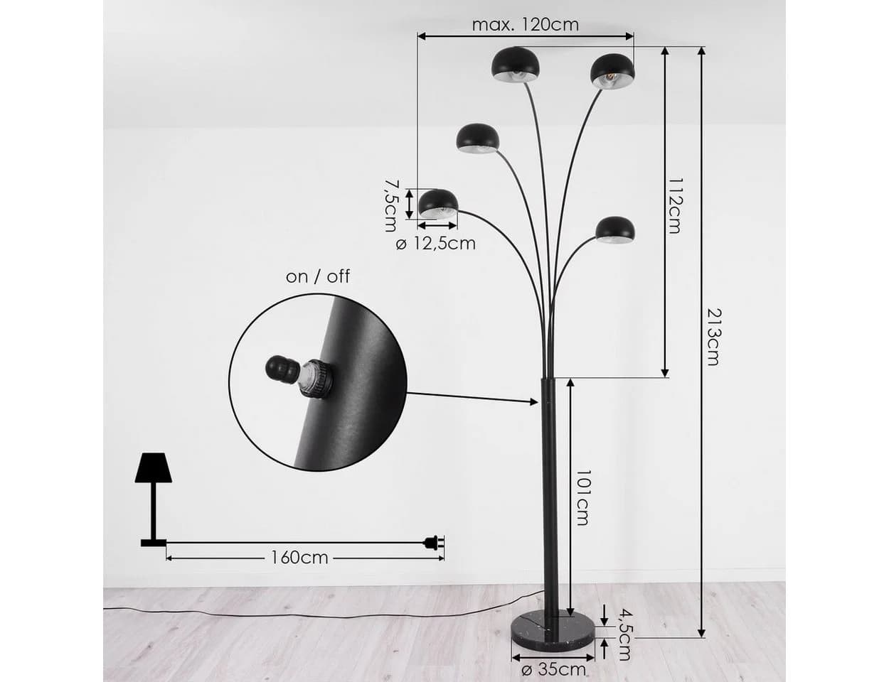 hofstein Stehlampe Suio Marmor Metall Schwarz/Weiß E14 - Bild 5