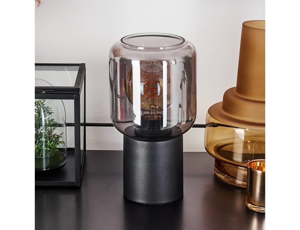 hofstein Tischleuchte Retro Schwarz Rauchglas Metall