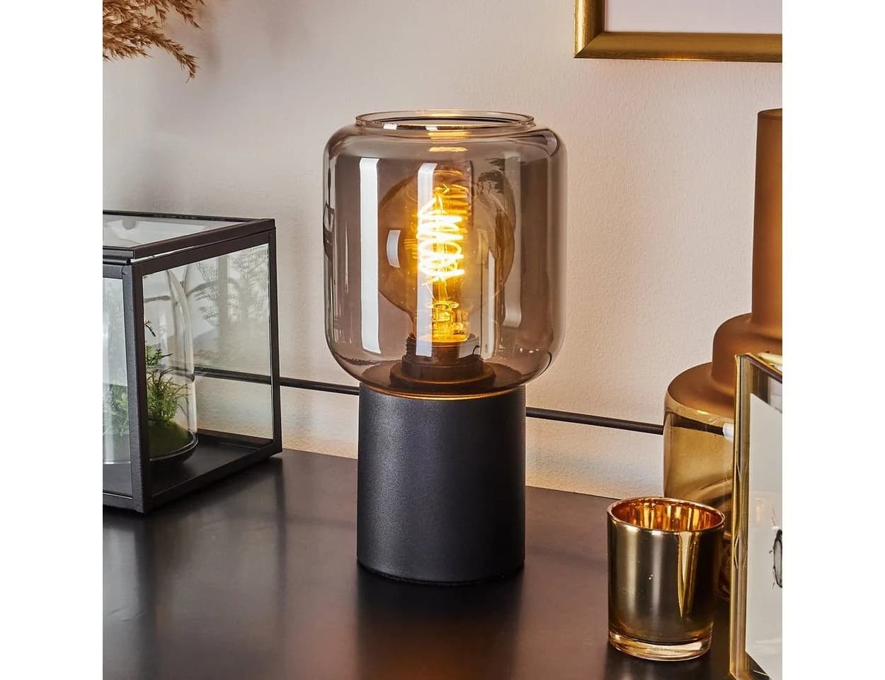 hofstein Tischleuchte Retro Schwarz Rauchglas Metall - Bild 2