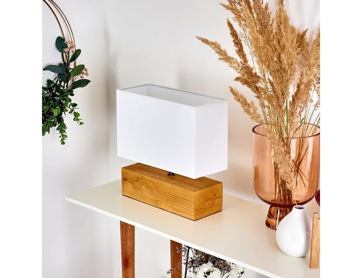 hofstein Tischleuchte Boho Lese Lampe Holz/Stoff weiß