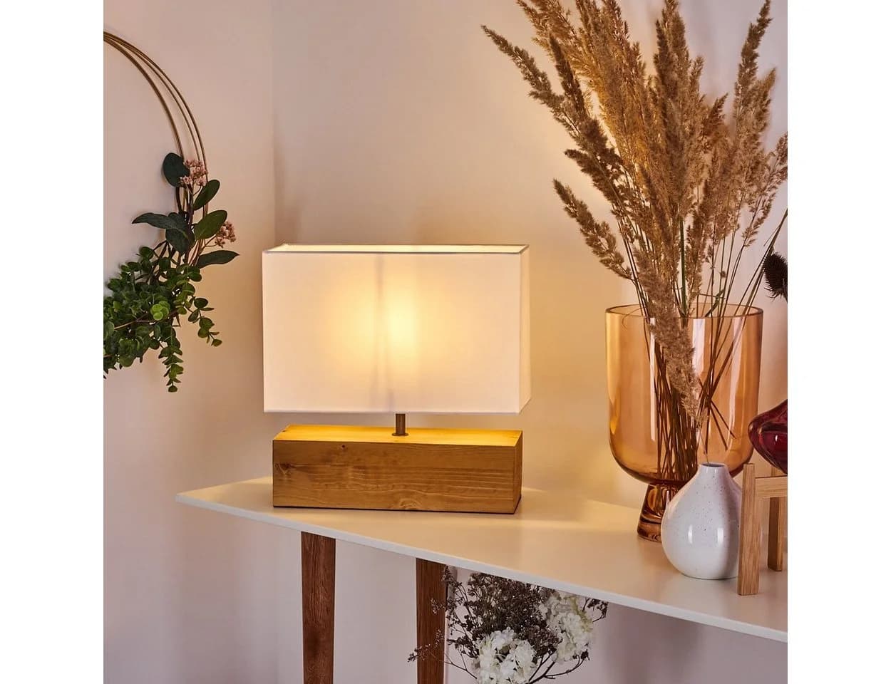 hofstein Tischleuchte Boho Lese Lampe Holz/Stoff weiß - Bild 2