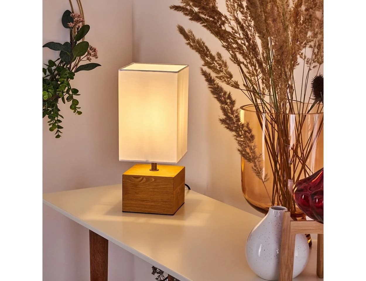 hofstein Tischleuchte Boho Holz Weiß LED E14