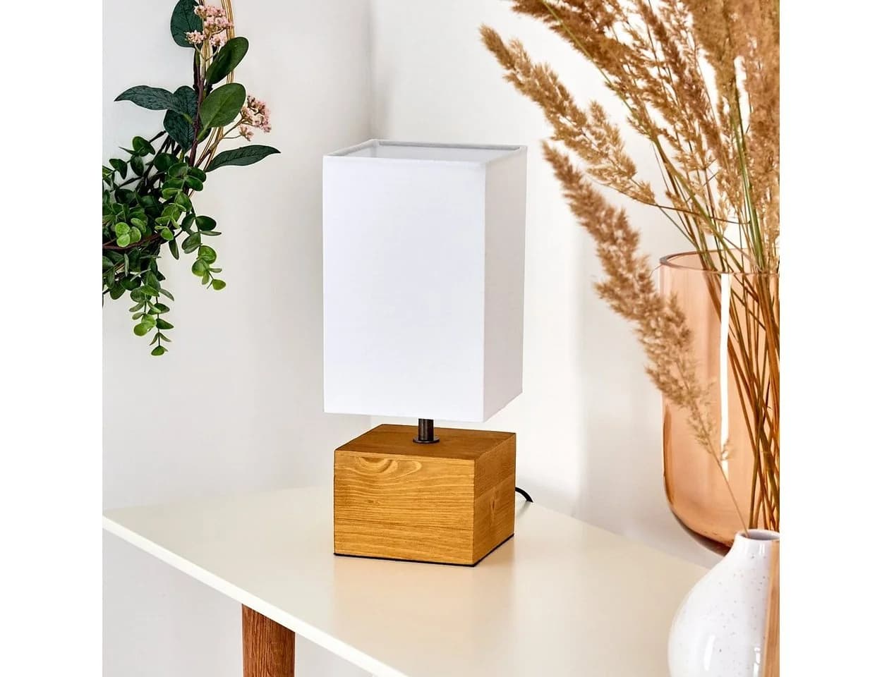 hofstein Tischleuchte Boho Holz Weiß LED E14 - Bild 3