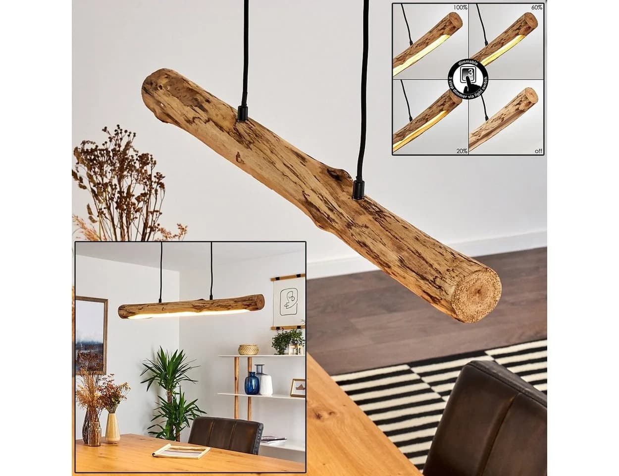 hofstein Pendelleuchte Licata Schwarz/Natur Holz Metall Dimmbar LED