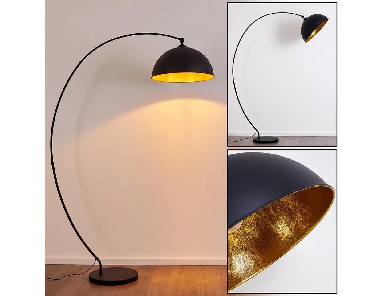 hofstein Bogenlampe »Aliena« Vintage Stehleuchte Metall Schwarz/Gold