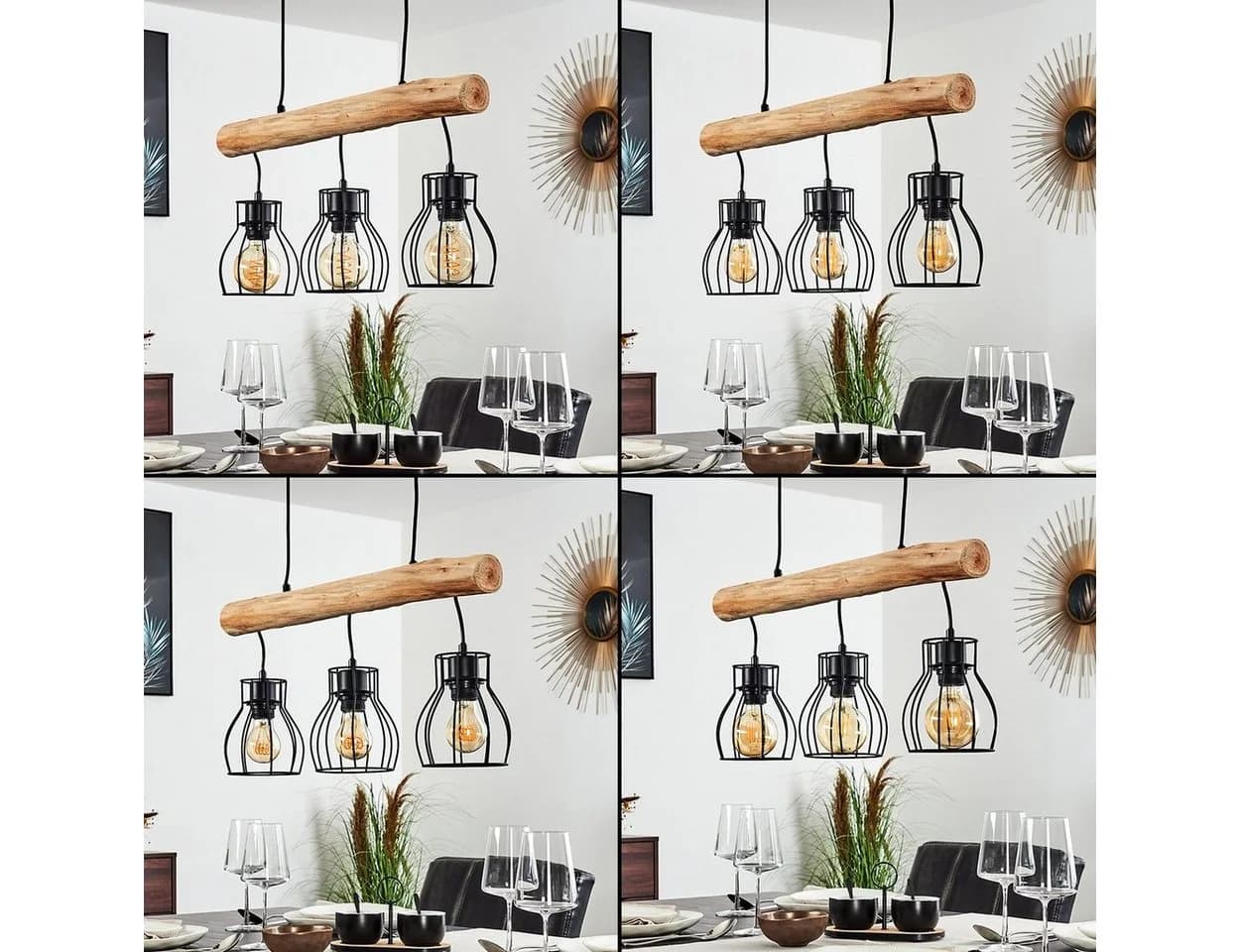 hofstein Pendelleuchte Aprica Schwarz/Braun Holz Metall 3x E27 - Bild 3