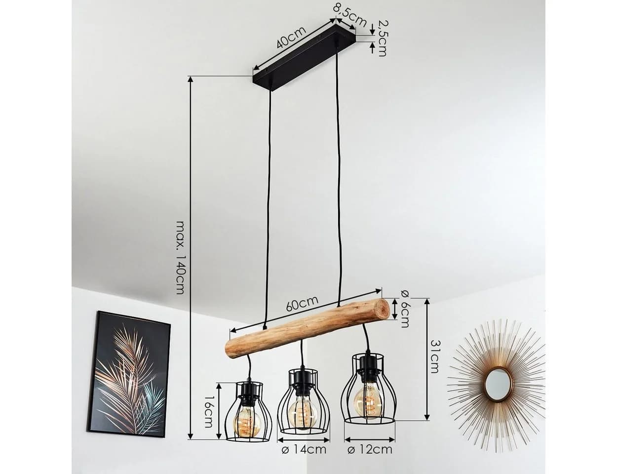 hofstein Pendelleuchte Aprica Schwarz/Braun Holz Metall 3x E27 - Bild 5