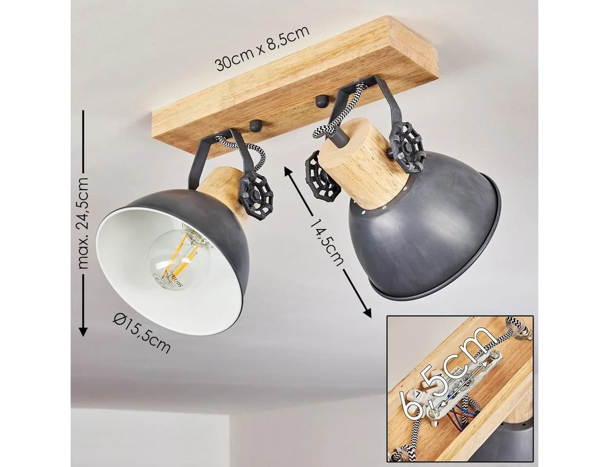 hofstein Deckenleuchte »Cotes« Grau Metall/Holz Retro Vintage Design 2xE27