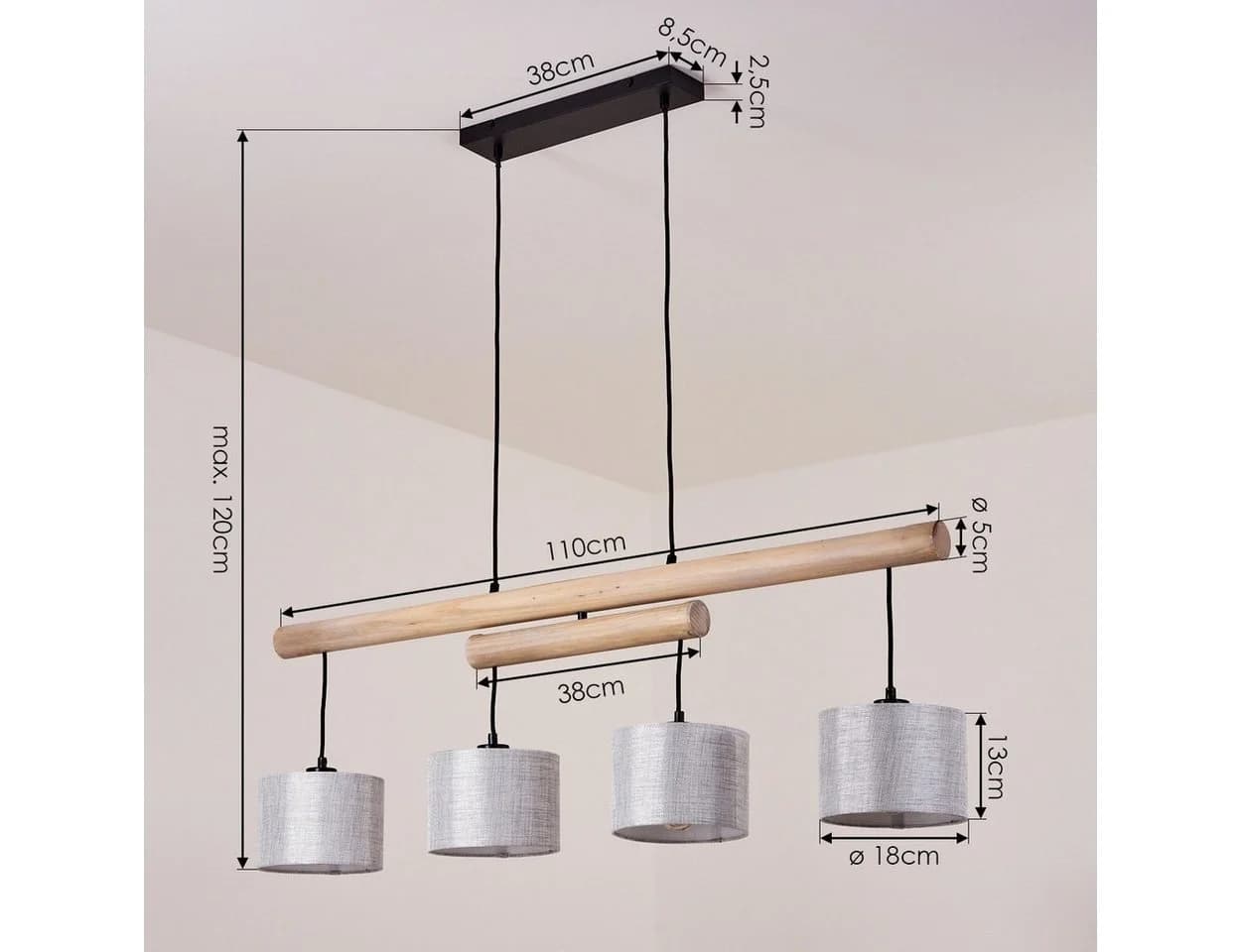 hofstein Hängeleuchte Vallicchio Pendellampe Holz Metall Schwarz Grau 4xE27 - Bild 4