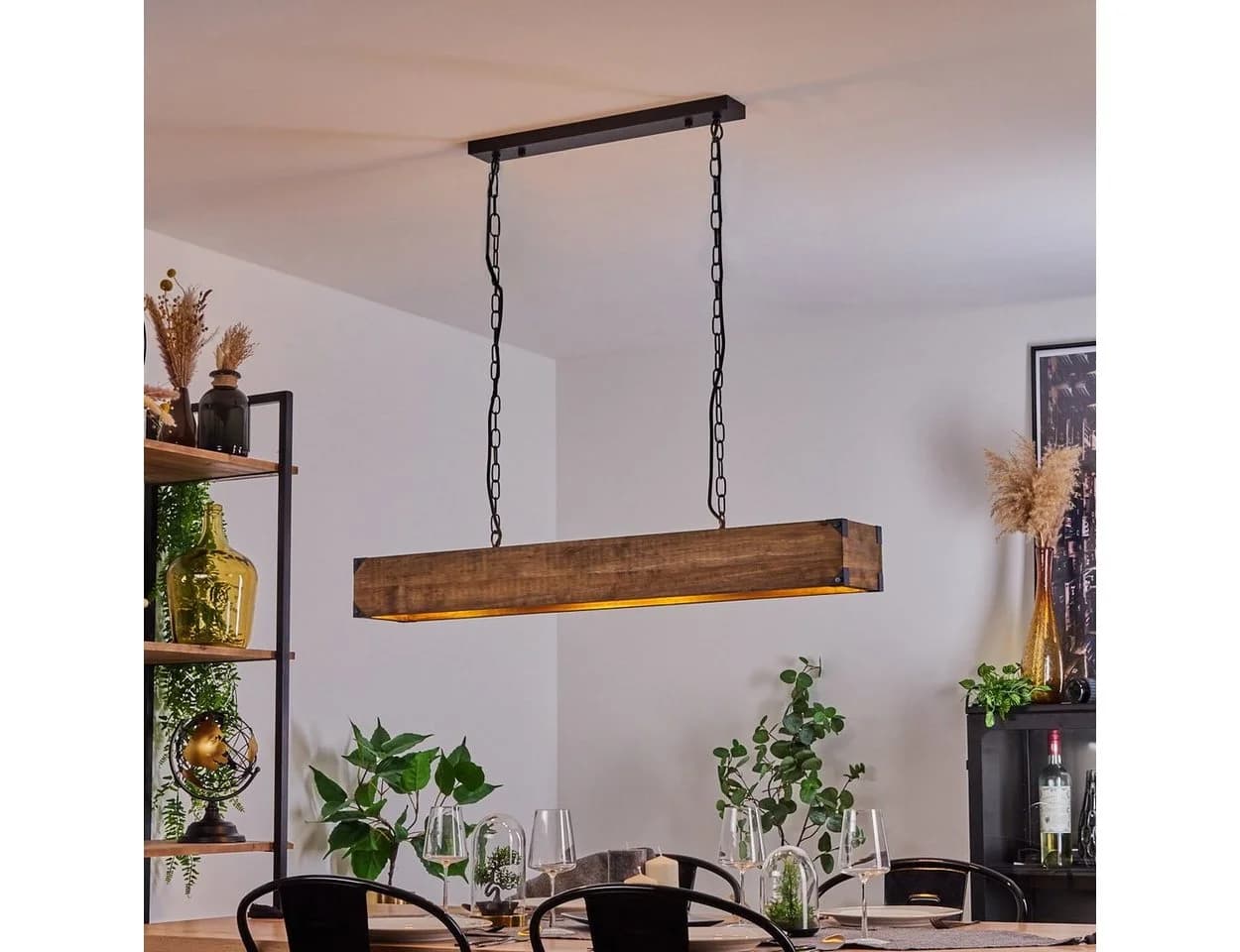 hofstein Pendelleuchte Spezia Schwarz/Natur Holz Metall 4x E27 - Bild 3