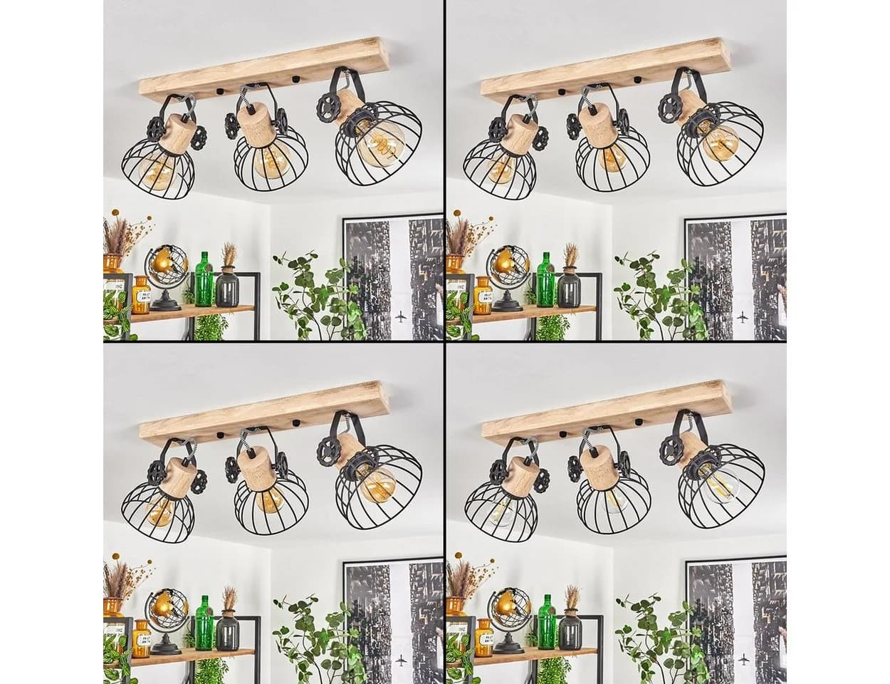 hofstein Deckenleuchte »Cotes« Holz/Metall Natur/Schwarz Gitter-Optik