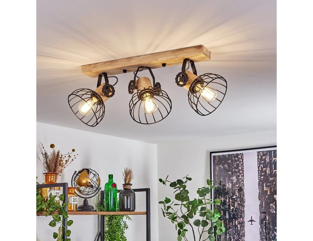 hofstein Deckenleuchte »Cotes« Holz/Metall Natur/Schwarz Gitter-Optik - Bild 2