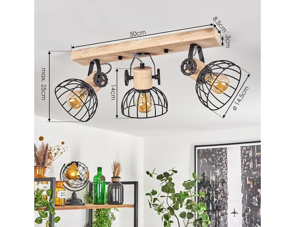 hofstein Deckenleuchte »Cotes« Holz/Metall Natur/Schwarz Gitter-Optik - Bild 4