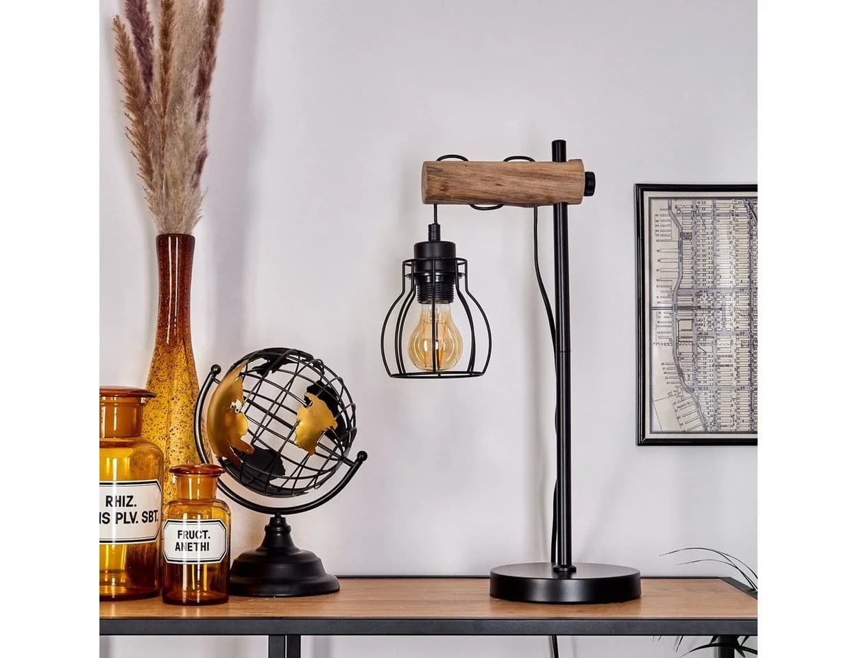hofstein Tischleuchte Aprica Metall/Holz Schwarz/Braun E27