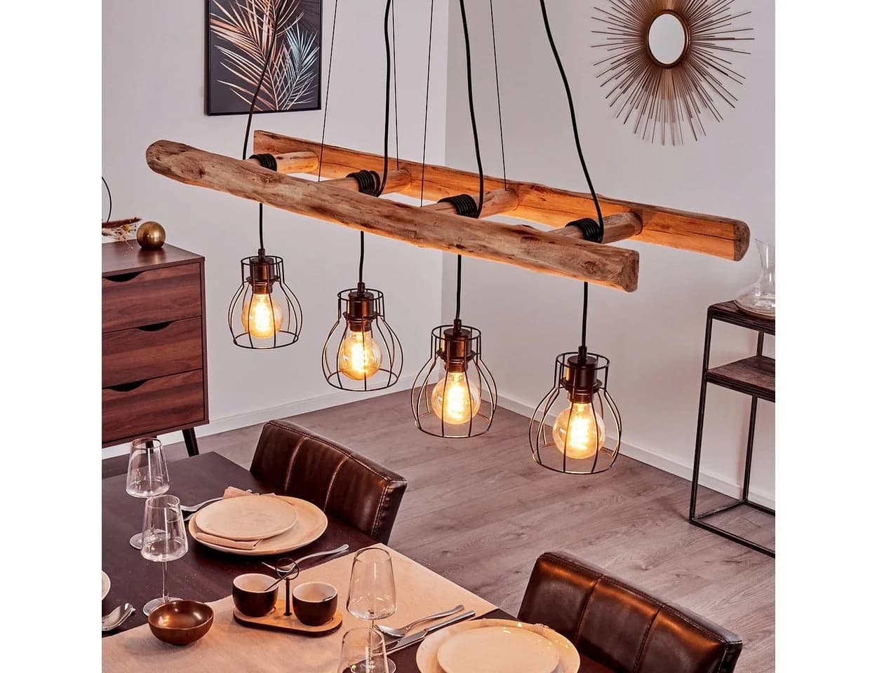 hofstein Pendelleuchte Aprica längliche Hängeleuchte Schwarz/Holz 4xE27 - Bild 2