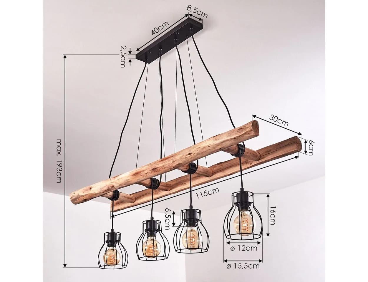 hofstein Pendelleuchte Aprica längliche Hängeleuchte Schwarz/Holz 4xE27 - Bild 4