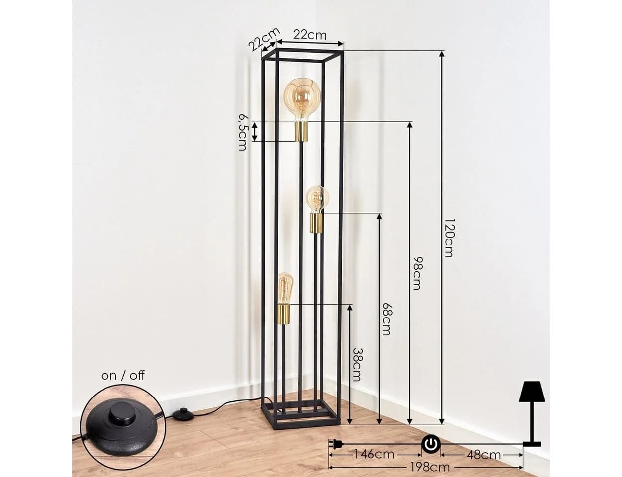 hofstein Stehlampe »Avola« Bodenlampe Metall Schwarz/Messing E27 Fußschalter - Bild 5