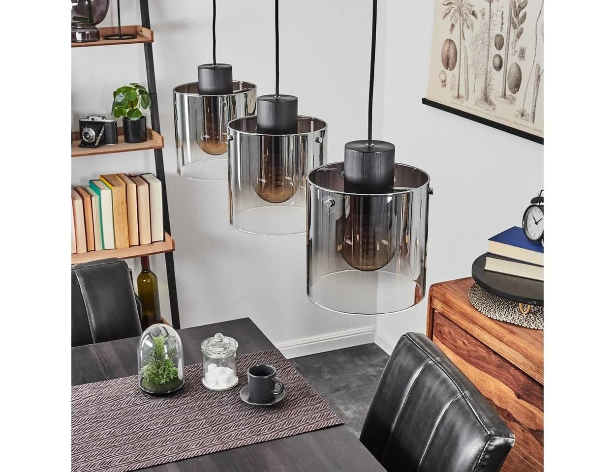 hofstein Pendelleuchte Riccione Schwarz Rauchglas 3-fach E27 - Bild 3