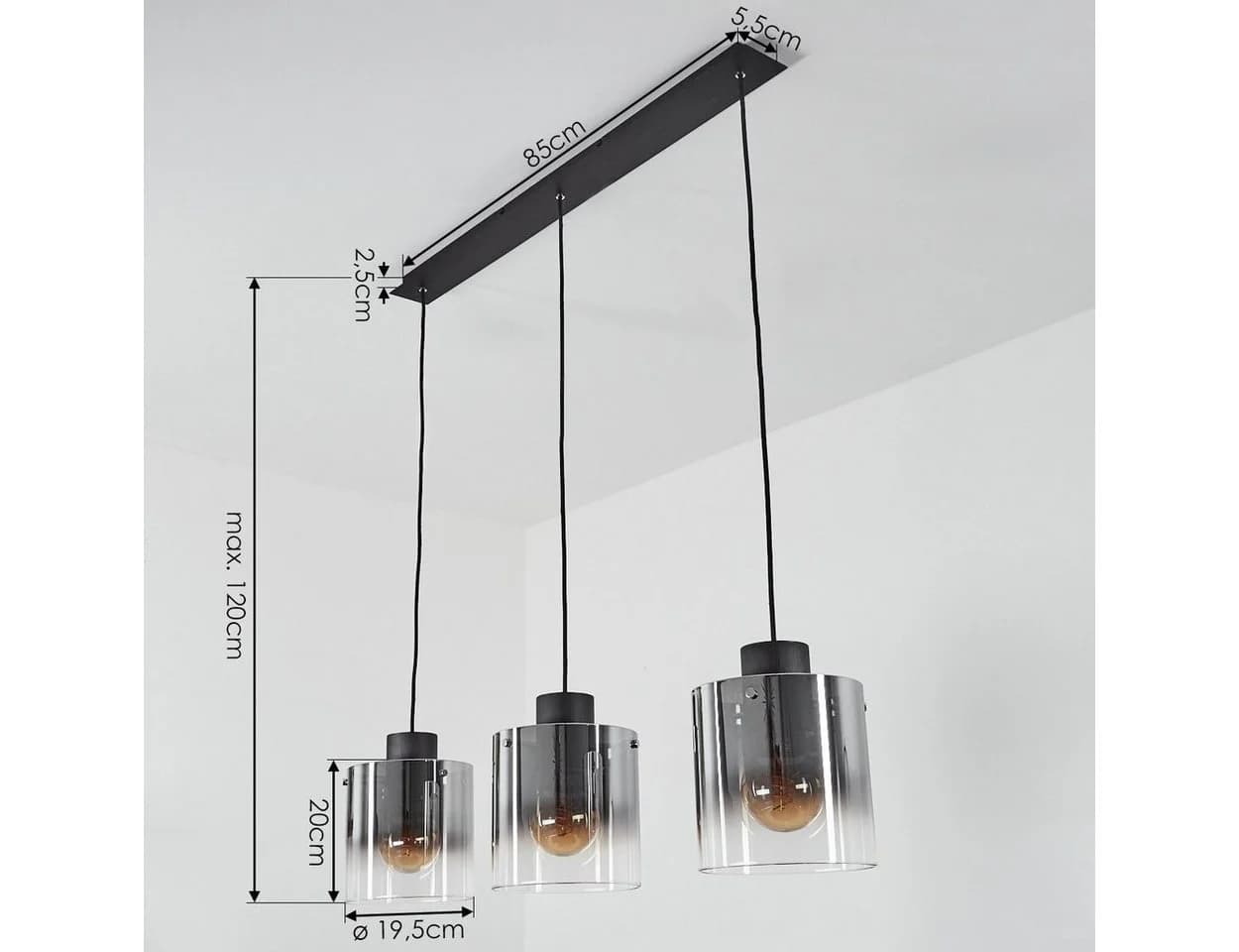 hofstein Pendelleuchte Riccione Schwarz Rauchglas 3-fach E27 - Bild 5
