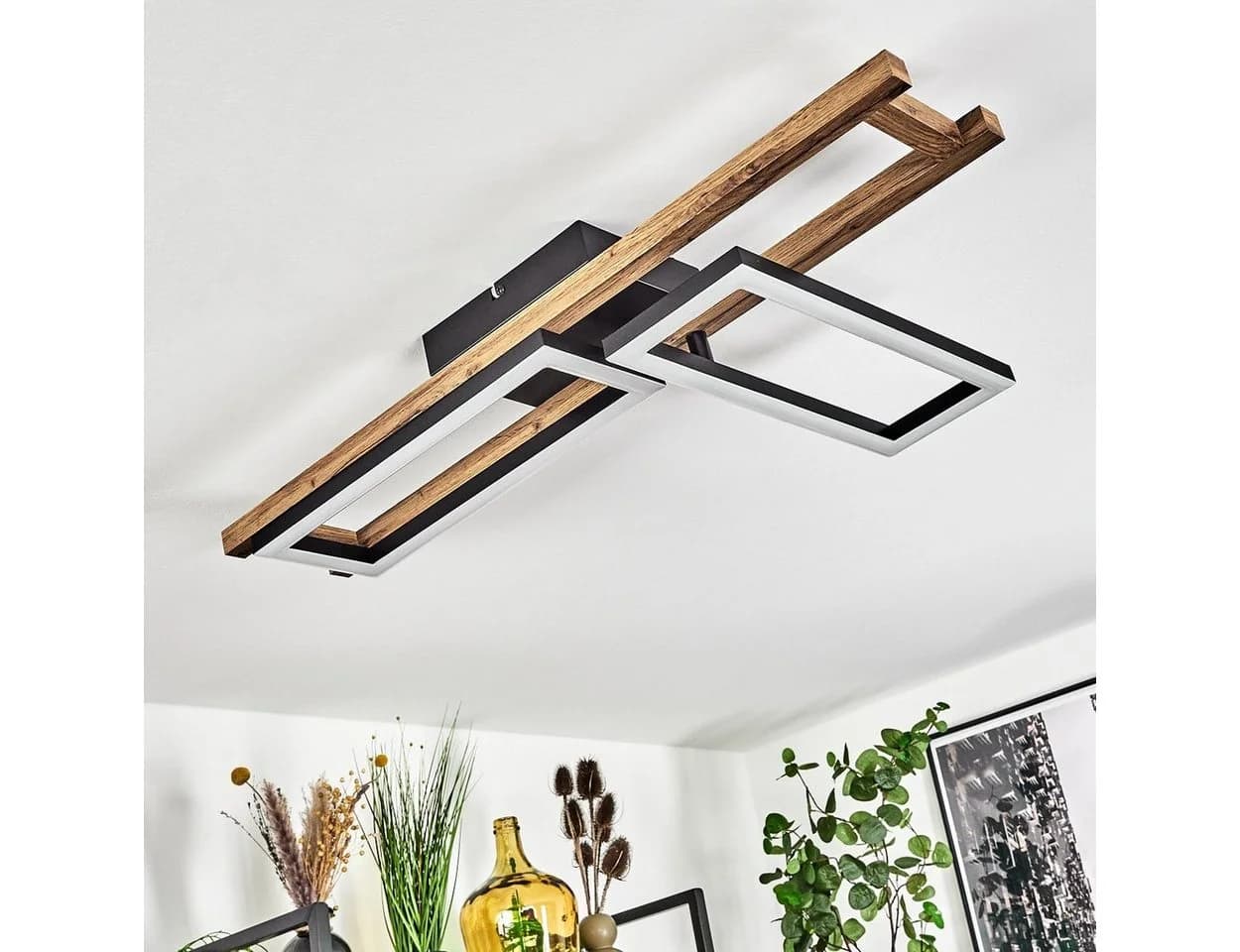 hofstein Deckenleuchte Spartimento Metall/Holz Schwarz/Natur/Weiß 3000 Kelvin 2100 Lumen LED
