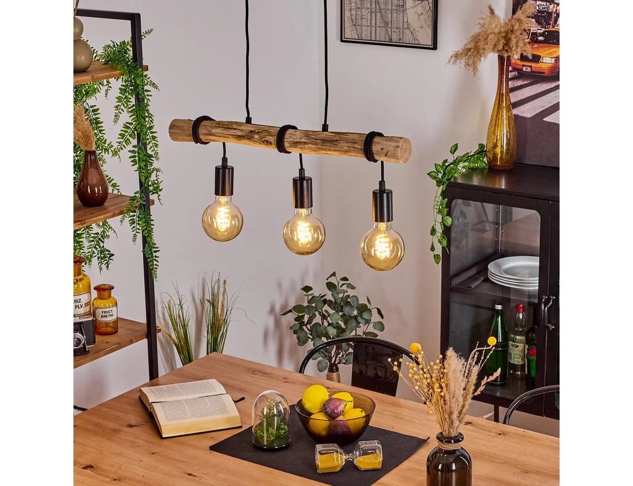 hofstein Pendelleuchte Campagnazza Schwarz/Natur Holz Metall