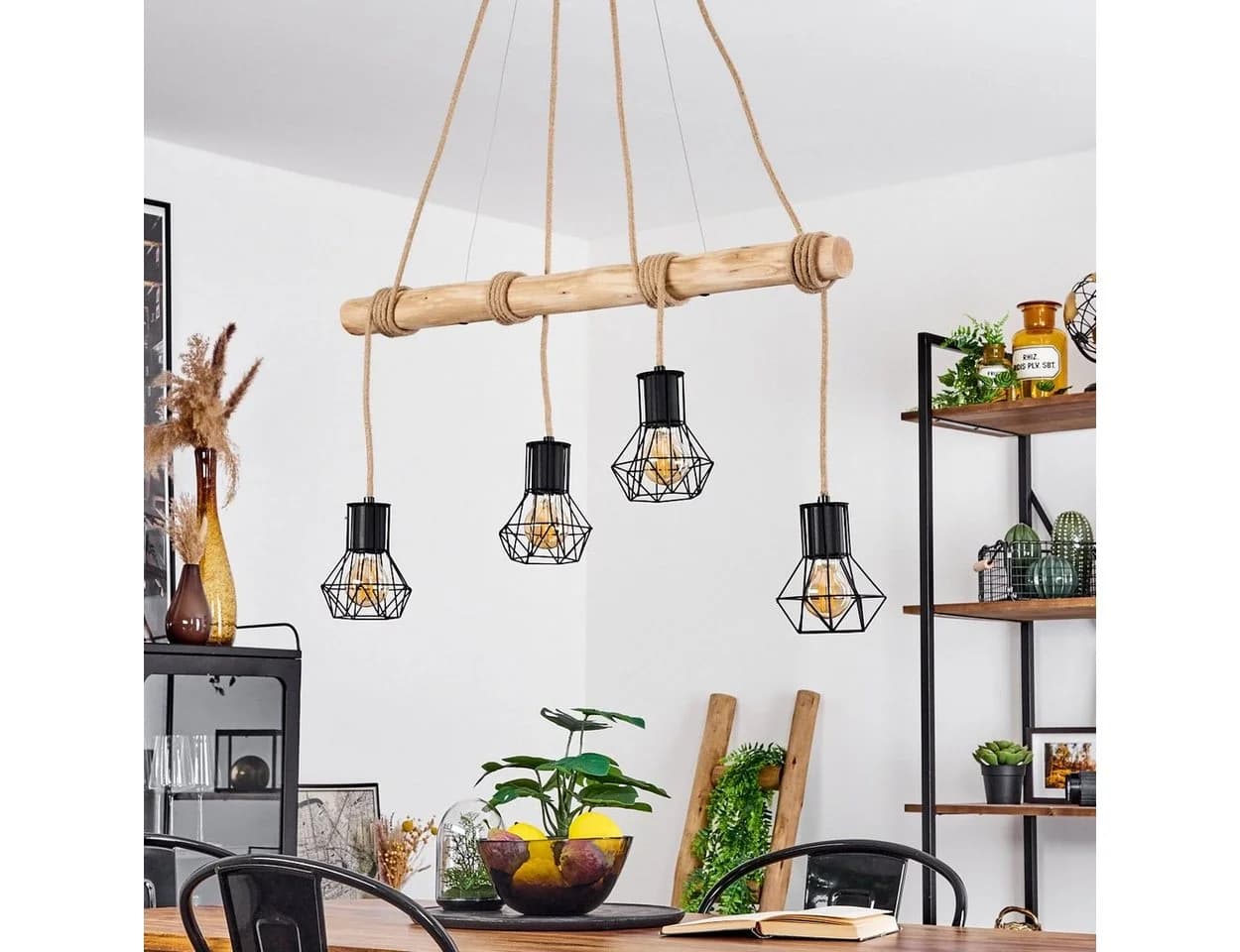 hofstein Pendelleuchte Pomari Vintage Schwarz/Natur 4xE27