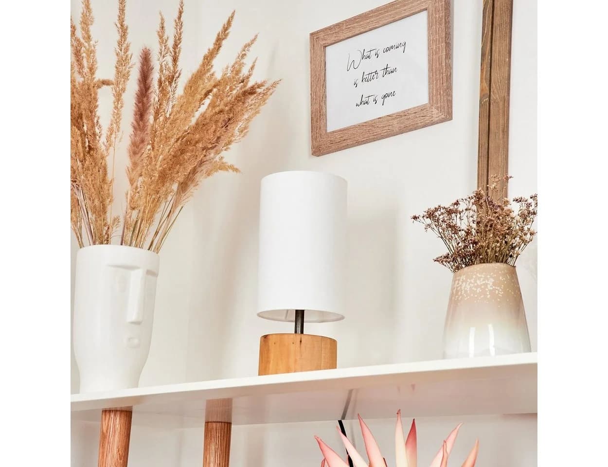 hofstein Tischleuchte »Coletta« Nachttischlampe Holz/Stoff Natur/Weiß