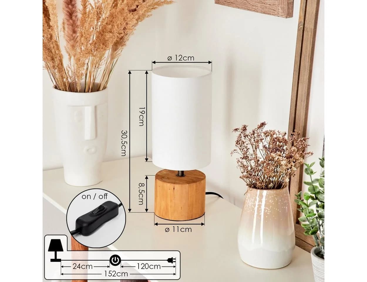 hofstein Tischleuchte »Coletta« Nachttischlampe Holz/Stoff Natur/Weiß - Bild 4