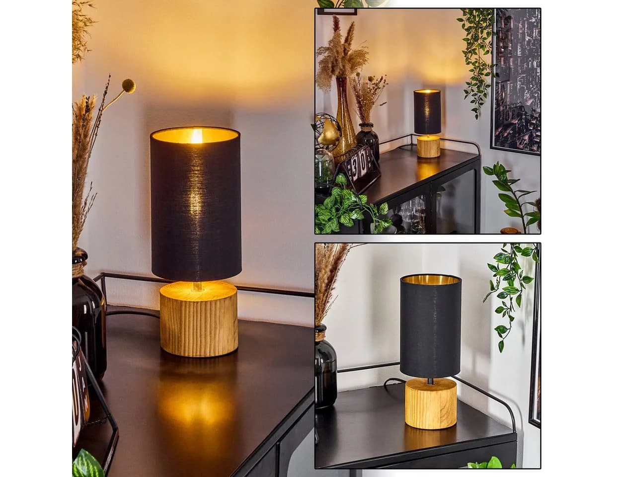 hofstein Tischleuchte »Coletta« Nachttischlampe Holz/Stoff Gold/Schwarz - Bild 2