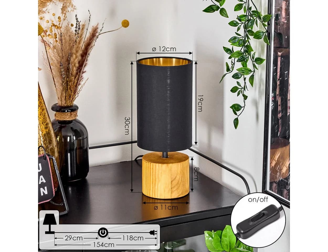 hofstein Tischleuchte »Coletta« Nachttischlampe Holz/Stoff Gold/Schwarz - Bild 4