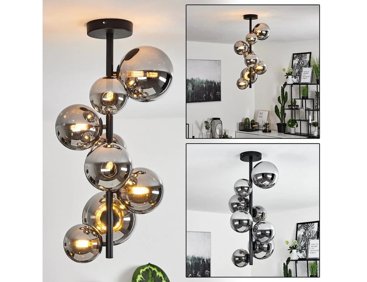 hofstein Deckenleuchte Isorella Retro-Vintage Metall/Glas Schwarz/Rauchfarben 8xG9 LED