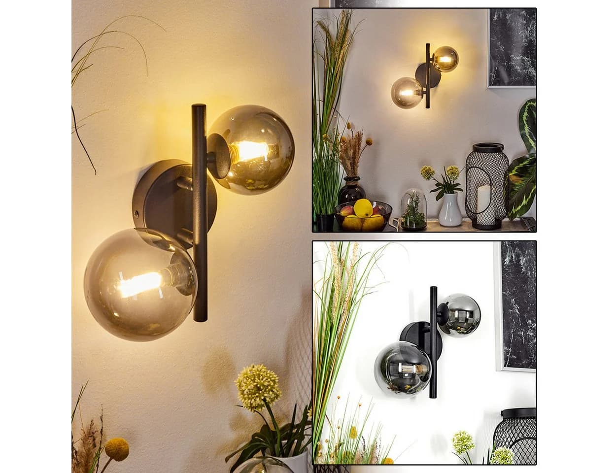 hofstein Wandleuchte Isorella Modern Retro-Vintage Metall/Glas Schwarz/Rauchfarben