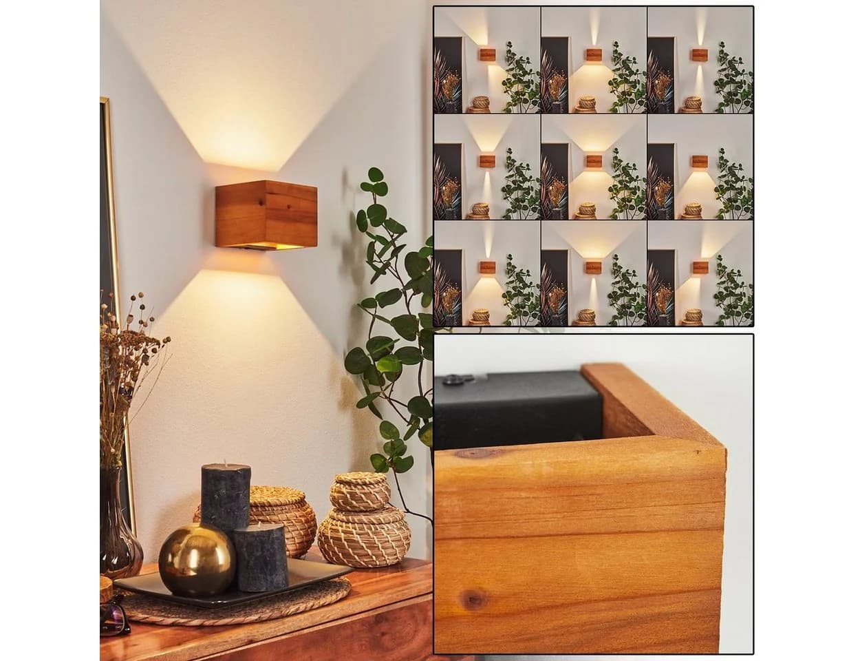 hofstein Wandleuchte Cortignano Holz Metall Natur Schwarz 3000 Kelvin LED