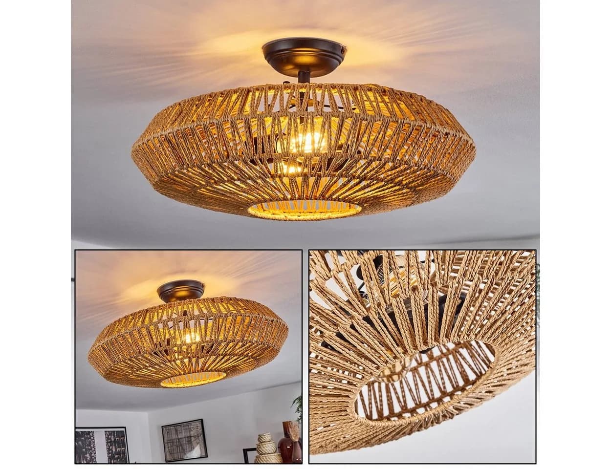 hofstein Deckenleuchte Alvi Metall Rattan Schwarz/Natur Modern