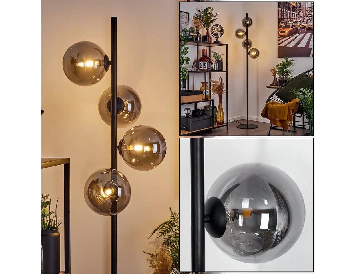 hofstein Stehlampe Garaguso Schwarz Rauchfarben Metall Glas